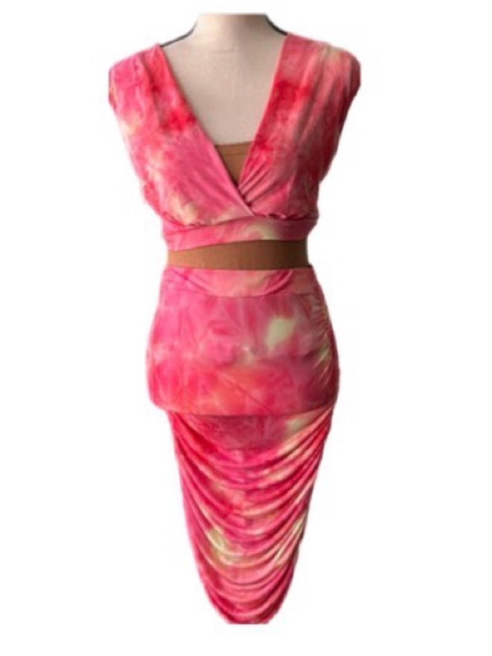 Codigo pink tie dyed ruched skirt crop top casual fun set